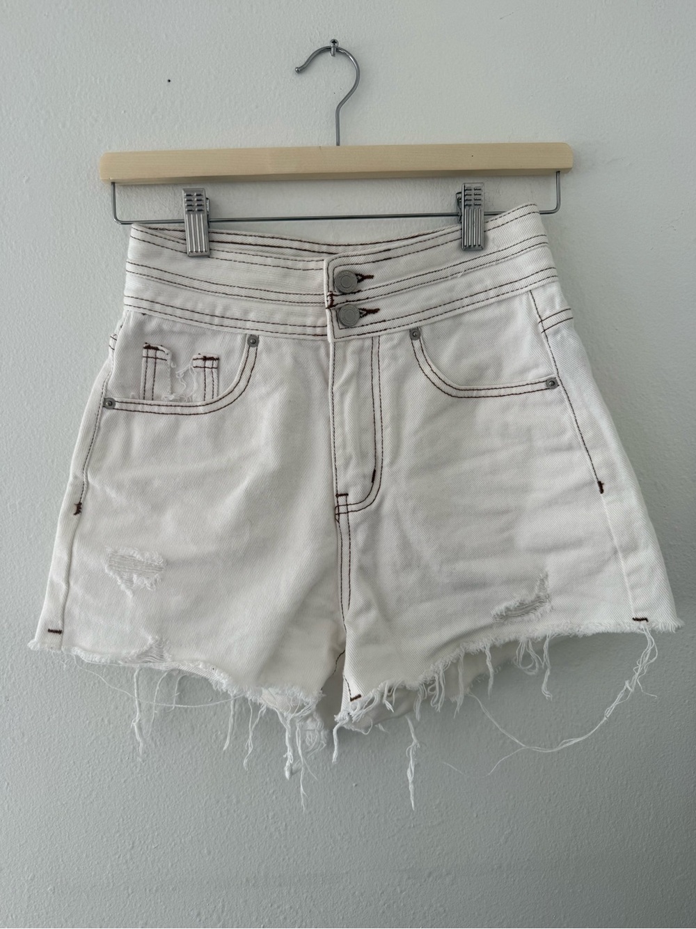 High-Rise White Denim Jean Shorts with Raw Hem